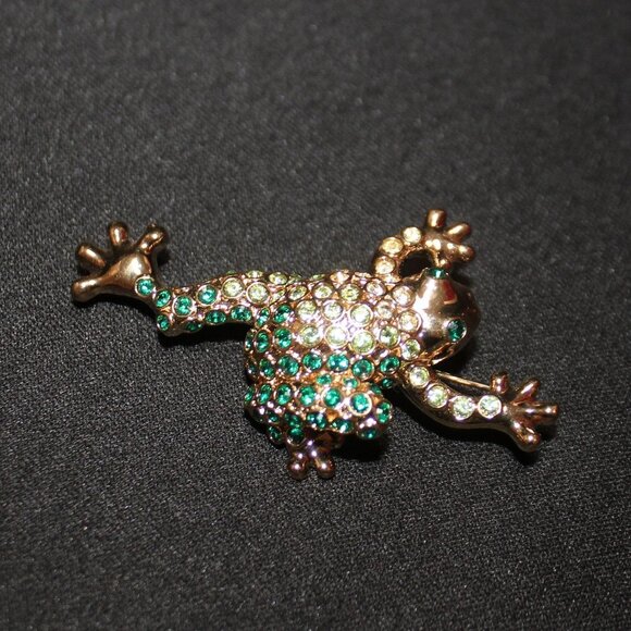 Monet Green Frog Rhinstone Brooch - Picture 7 of 14